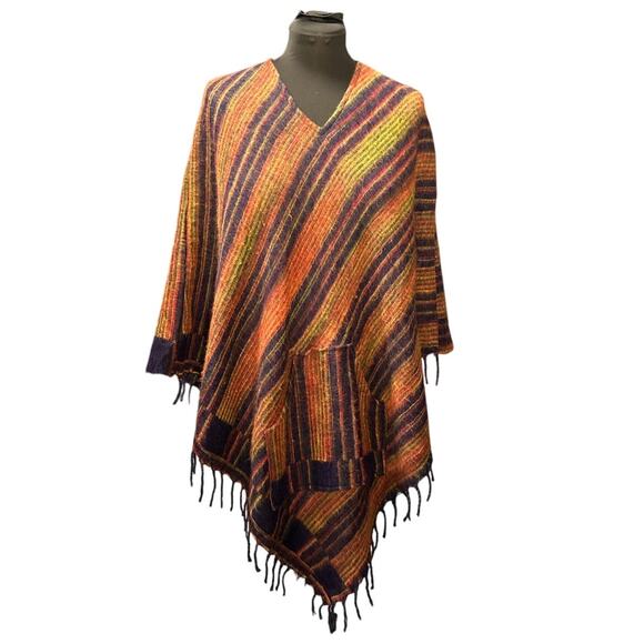 Colorful Wool Striped Hooded Poncho Cape with Fringe One Size - Picture 1 of 7